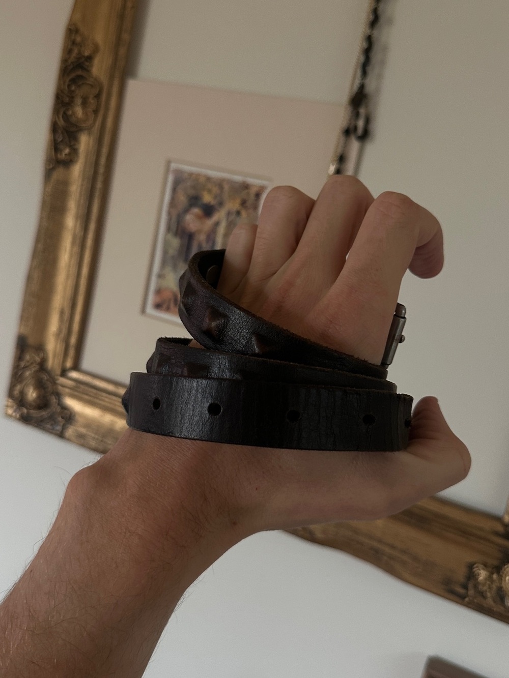 All Saints Black Leather Studded Belt with Silver Buckle